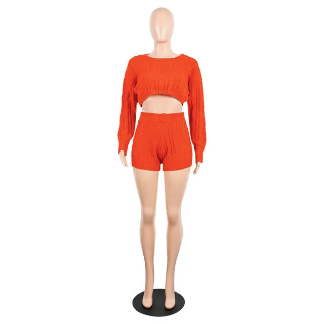 H.O.C Two Piece Fall/Winter Long Sleeve Knit Sweater Tops Bodycon Shorts Sexy Matching Sets