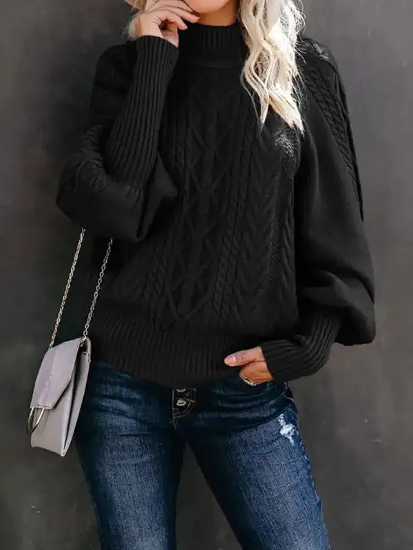 Ladies Mid Collar Loose Long Sleeve Twist Solid Color Sweater