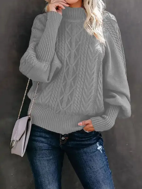 Ladies Mid Collar Loose Long Sleeve Twist Solid Color Sweater