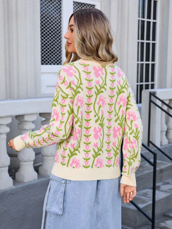 Ladies new jacquard branch round neck flower knitted fashion sweater