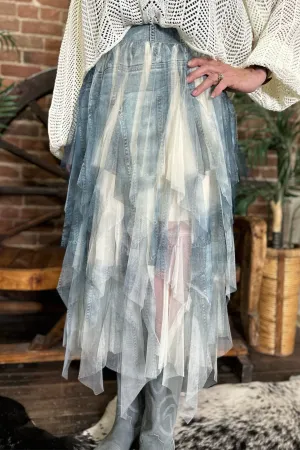 Layered Denim 'N Lace Inspired Mesh Skirt by Origami Apparel