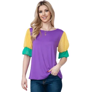 Mardi Gras Top With Short Swiss Dot Mesh Sleeves