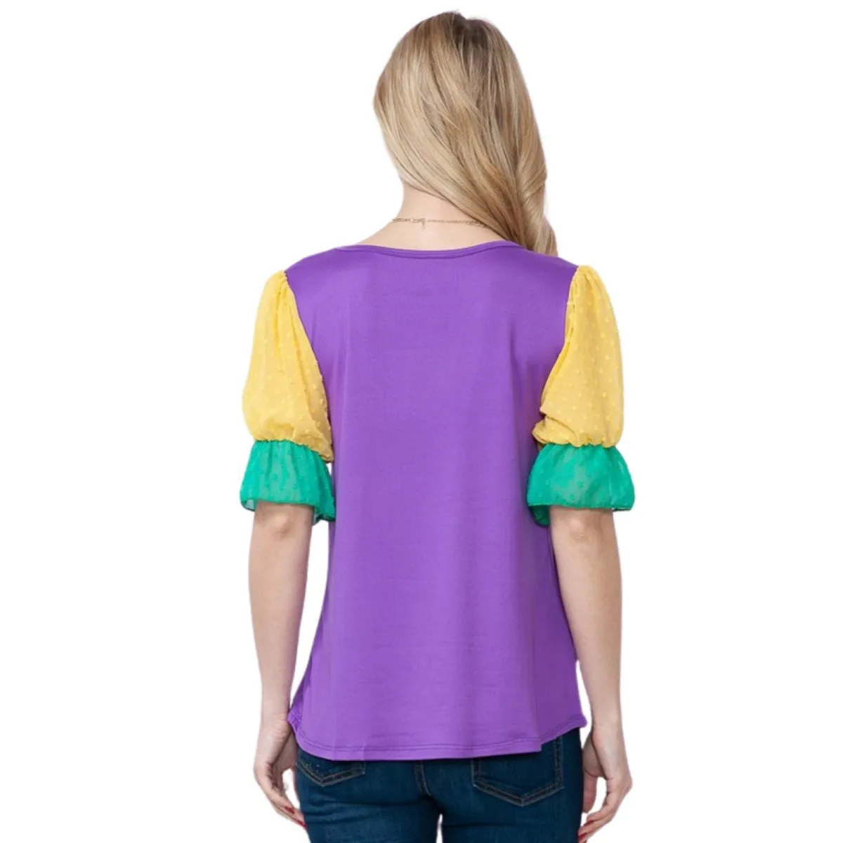 Mardi Gras Top With Short Swiss Dot Mesh Sleeves