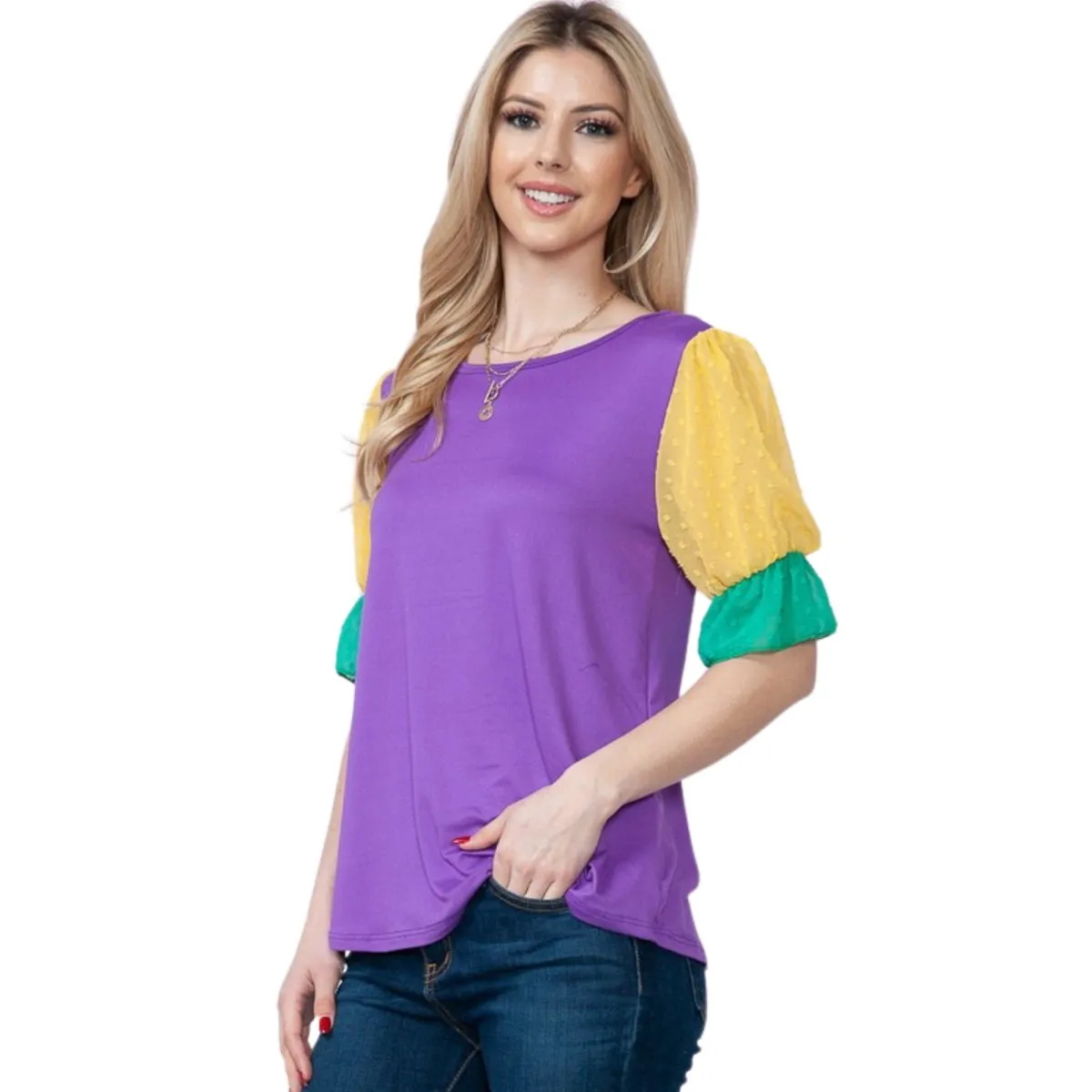 Mardi Gras Top With Short Swiss Dot Mesh Sleeves