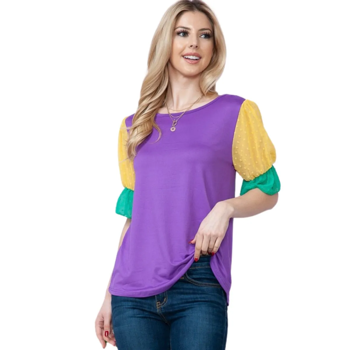 Mardi Gras Top With Short Swiss Dot Mesh Sleeves