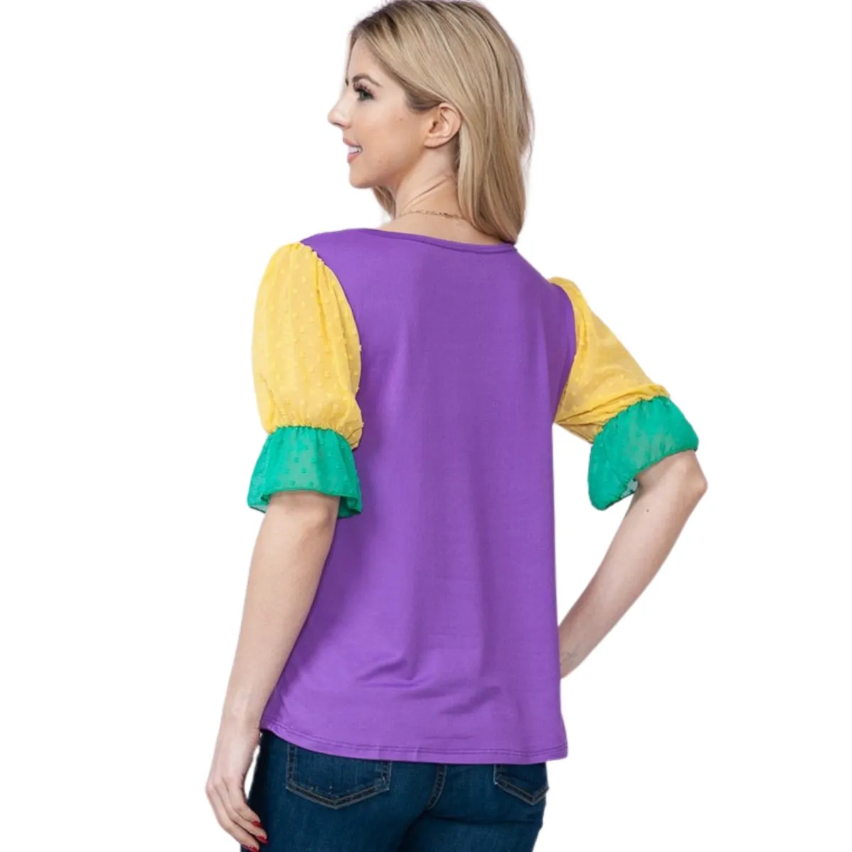 Mardi Gras Top With Short Swiss Dot Mesh Sleeves