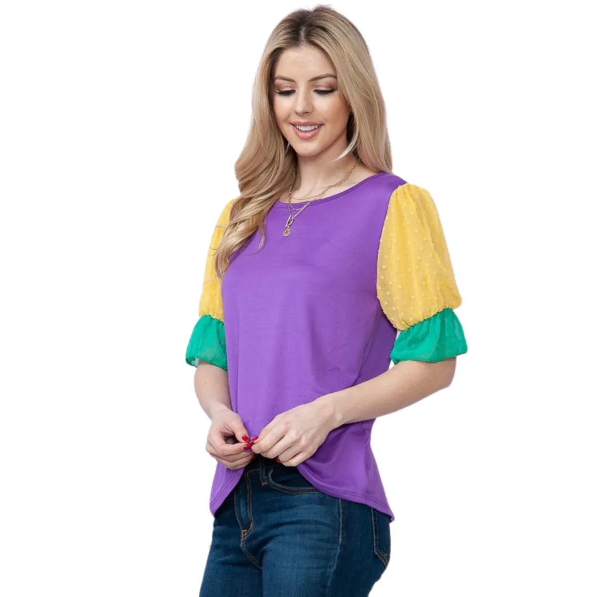 Mardi Gras Top With Short Swiss Dot Mesh Sleeves