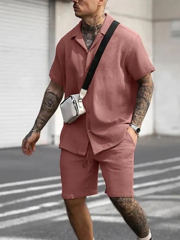 Men's Casual Comfortable Button Lapel Short Sleeve Shorts Set