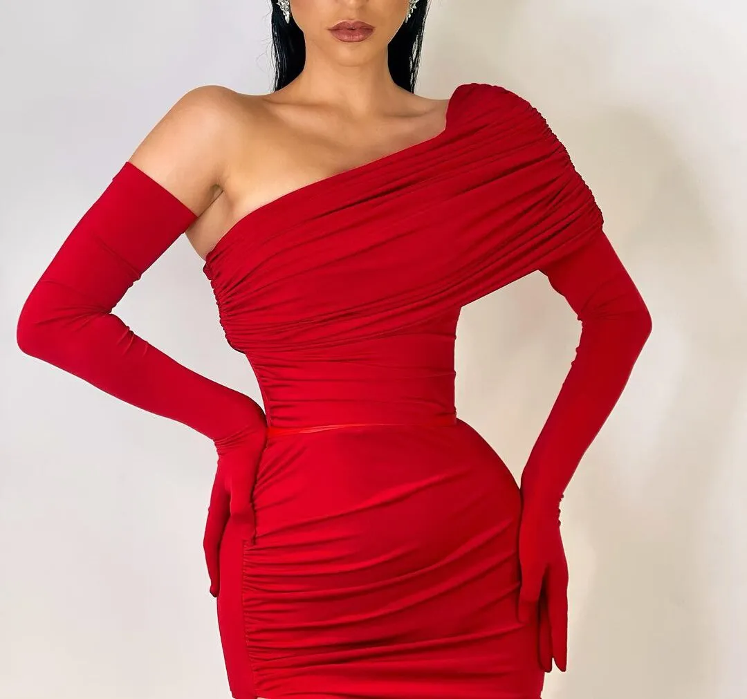 Mermaid Long Sleeves Evening Dresses with Gloves  Evening Gown One Shoulder Vestido De Festa Robe De Soiree