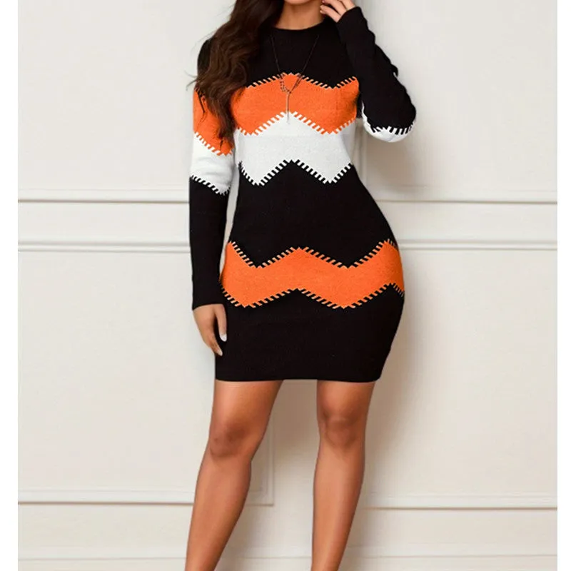 Mid-length Short Skirt Round Neck Long Sleeve Printed Knitted Sheath Dress