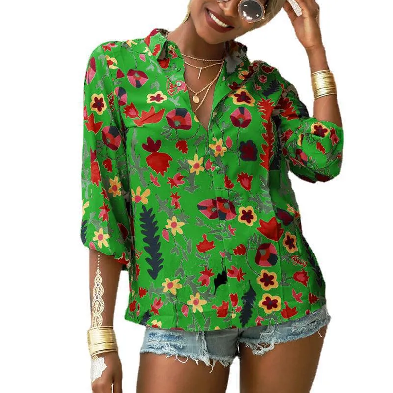 New Chiffon Top Floral Long Sleeve Button Shirt