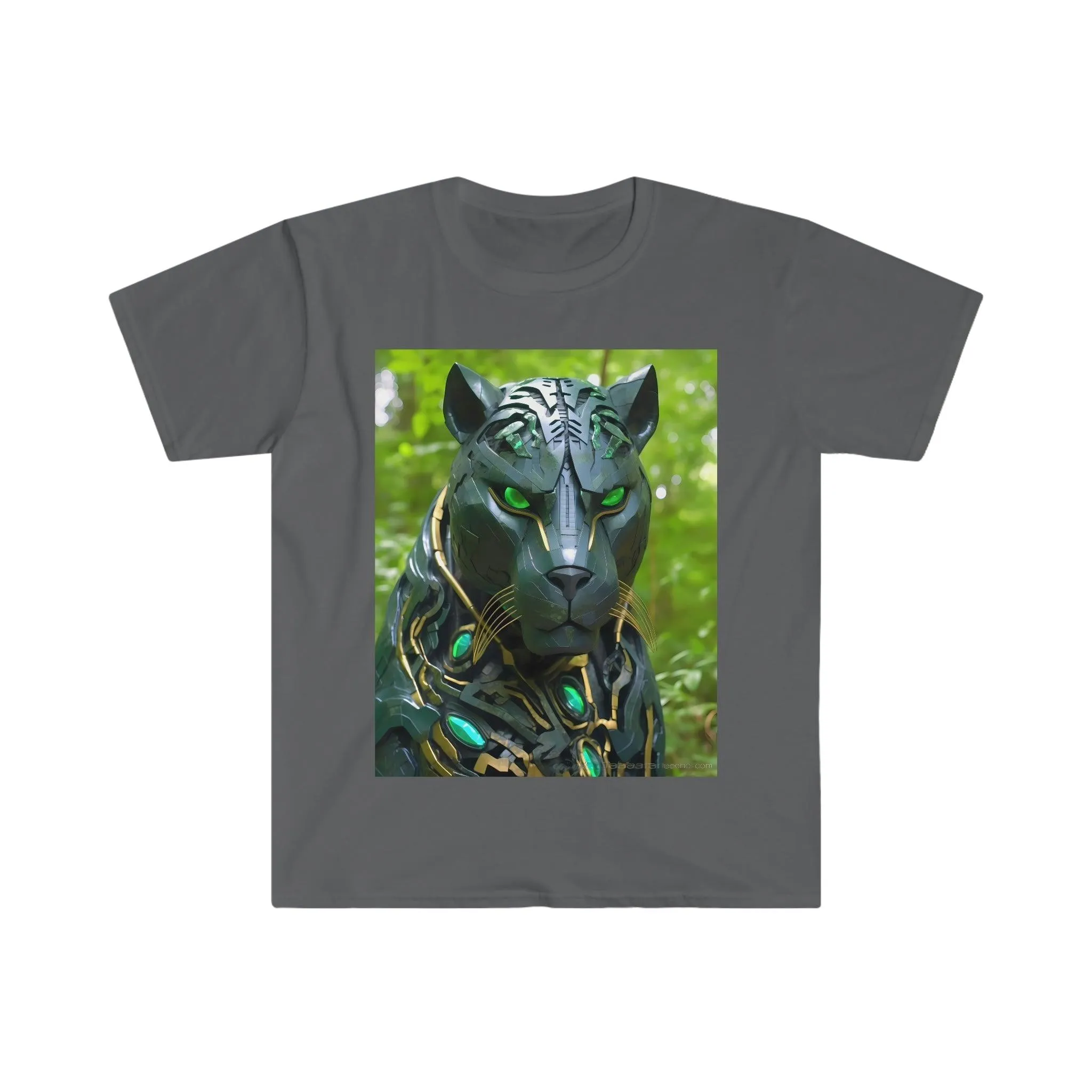 Obsidian Black Panther Visionary Cyberpunk T-Shirt - Fierce and Friendly Design with Piercing Green Eyes - AI Art T-Shirt - Men's and Women's Unisex Shirt - v1.0