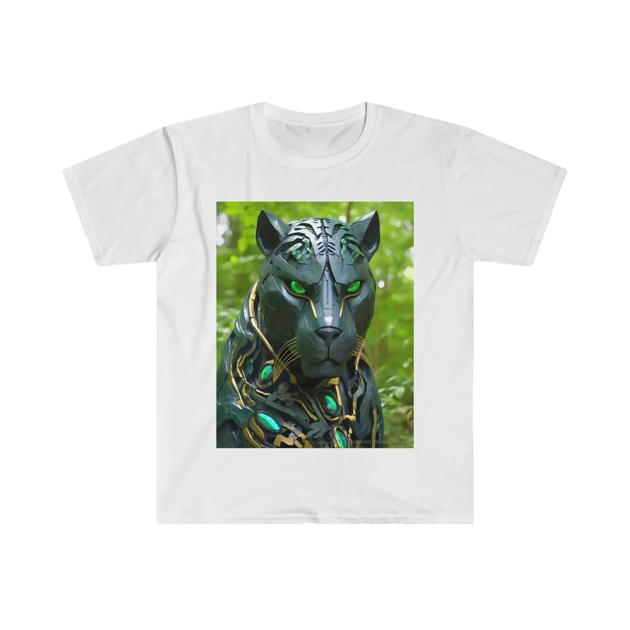 Obsidian Black Panther Visionary Cyberpunk T-Shirt - Fierce and Friendly Design with Piercing Green Eyes - AI Art T-Shirt - Men's and Women's Unisex Shirt - v1.0