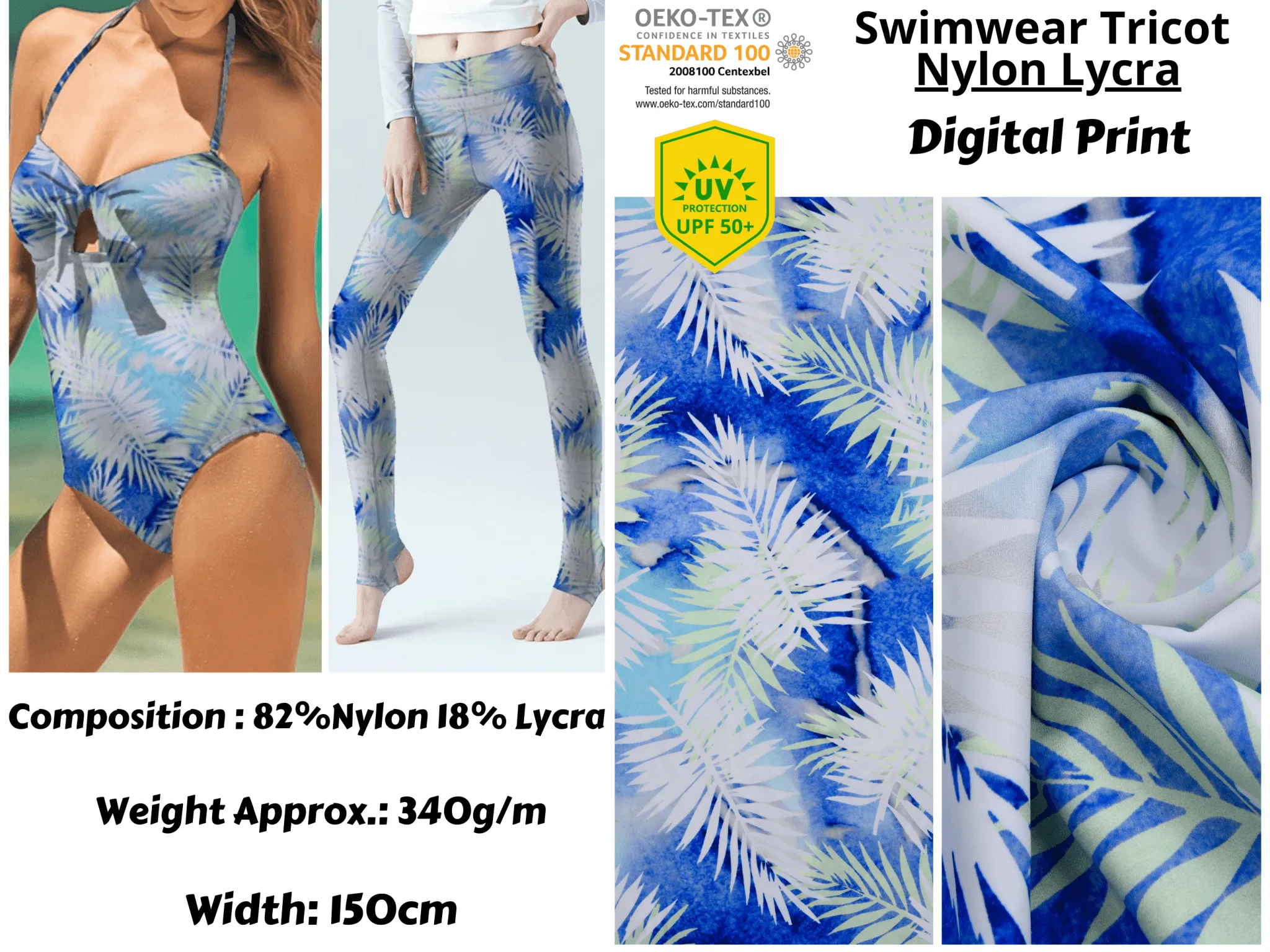 Palm Leaves Print  Nylon Swimwear Fabric - WLL240A