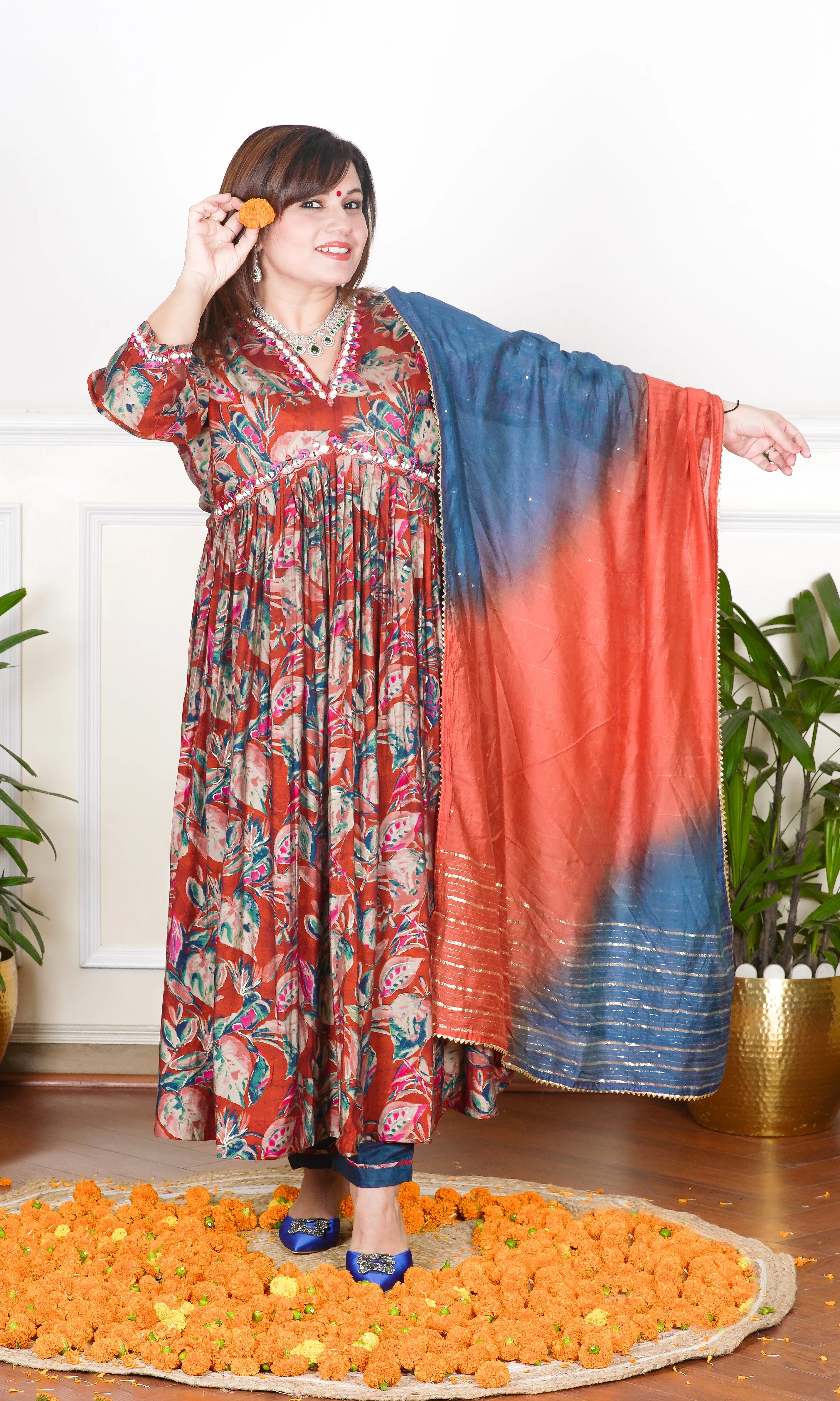 RED AND BLUE MULTICOLOURED FLORAL PRINTED SEQUIN, THREAD AND CUTDANA EMBROIDERED NECKLINE FLARED KURTA WITH PANTS AND DUPATTA