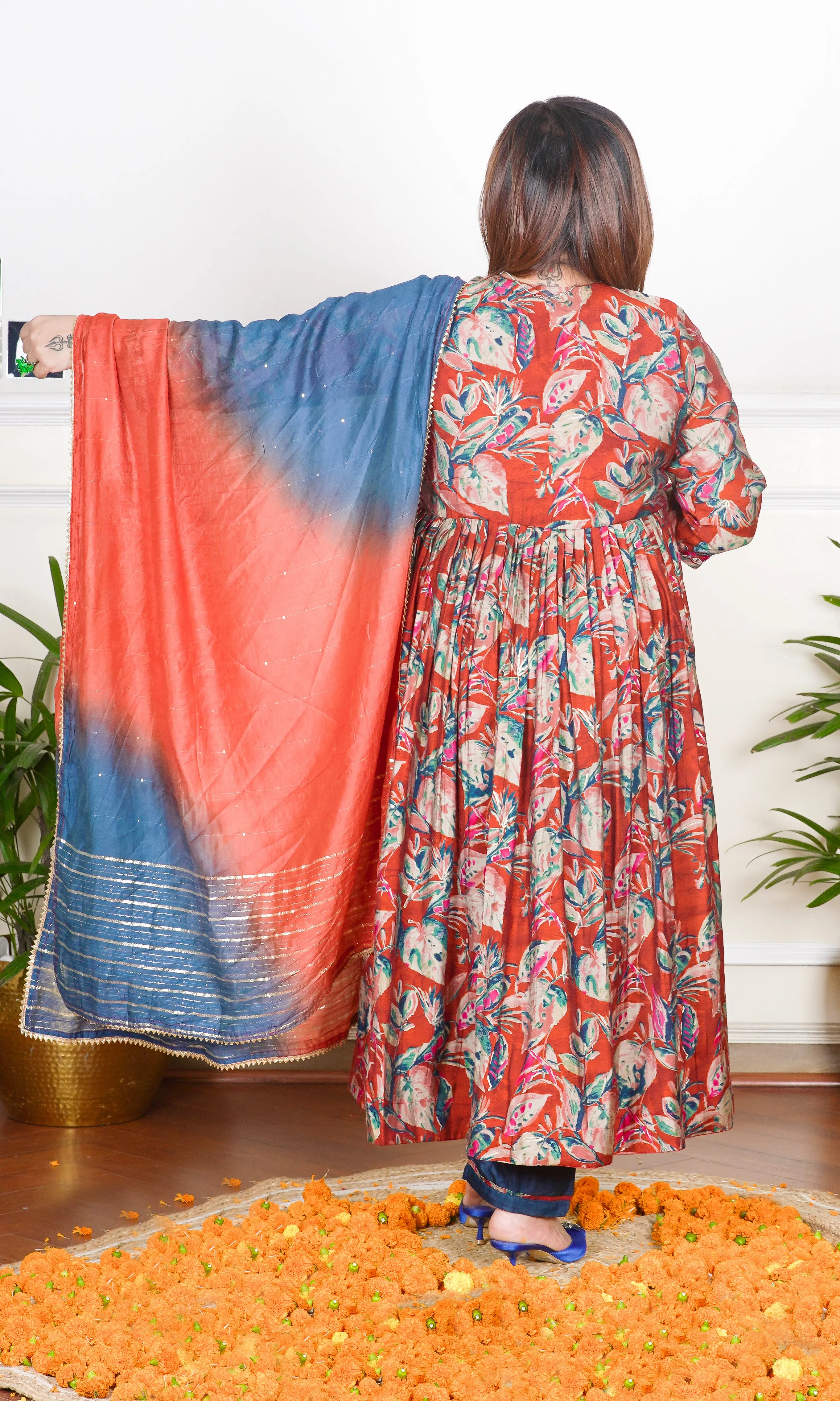 RED AND BLUE MULTICOLOURED FLORAL PRINTED SEQUIN, THREAD AND CUTDANA EMBROIDERED NECKLINE FLARED KURTA WITH PANTS AND DUPATTA