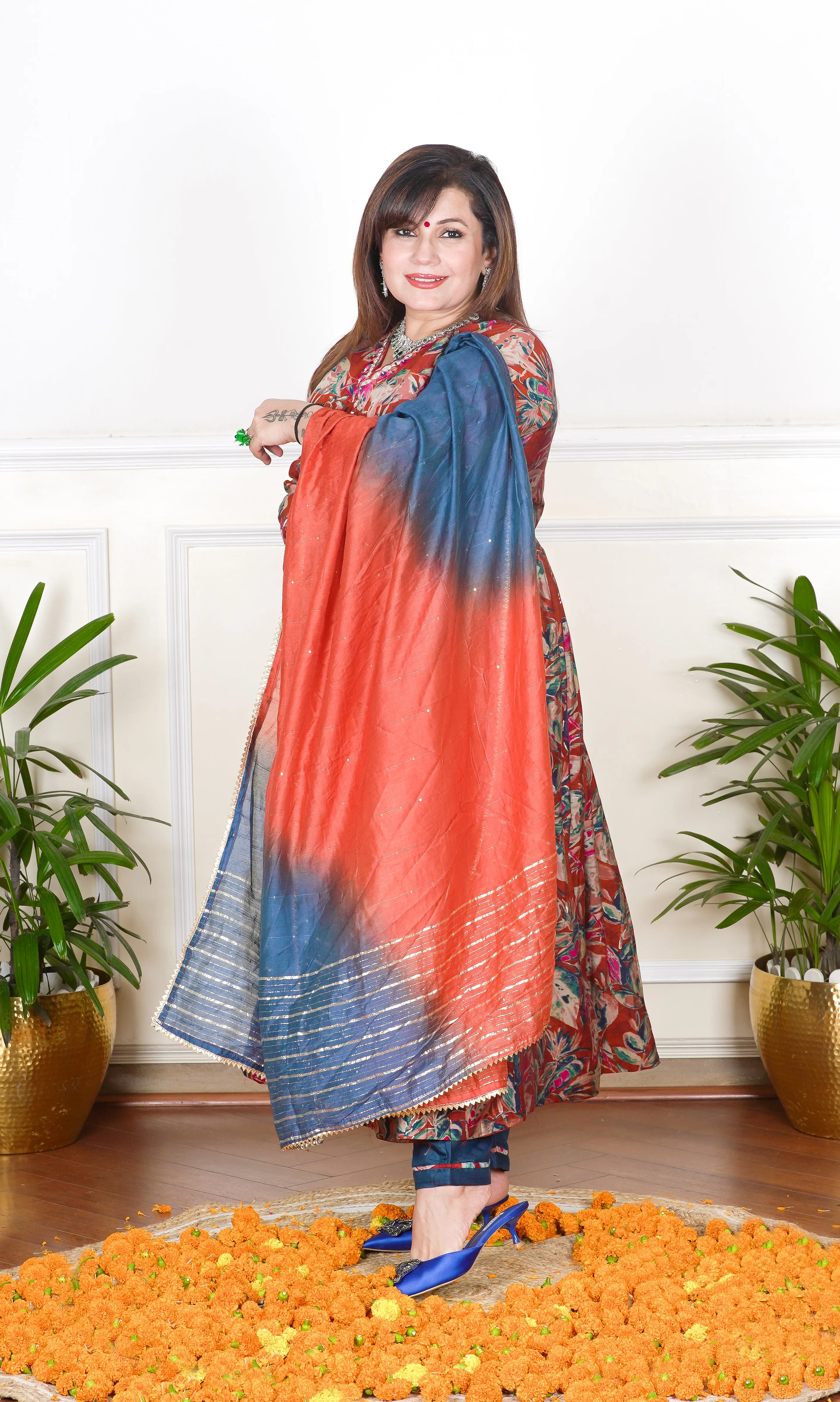 RED AND BLUE MULTICOLOURED FLORAL PRINTED SEQUIN, THREAD AND CUTDANA EMBROIDERED NECKLINE FLARED KURTA WITH PANTS AND DUPATTA