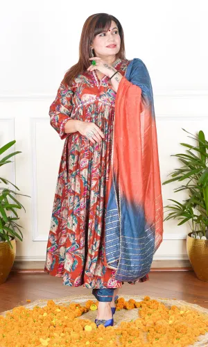 RED AND BLUE MULTICOLOURED FLORAL PRINTED SEQUIN, THREAD AND CUTDANA EMBROIDERED NECKLINE FLARED KURTA WITH PANTS AND DUPATTA