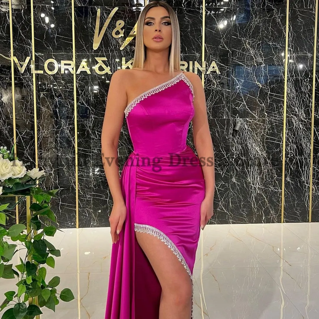 Sexy Prom Dresses One Shoulder Mermaid Evening Dress  Tassel High Split Saudi Arabia Cocktail Party Gown Plus Size