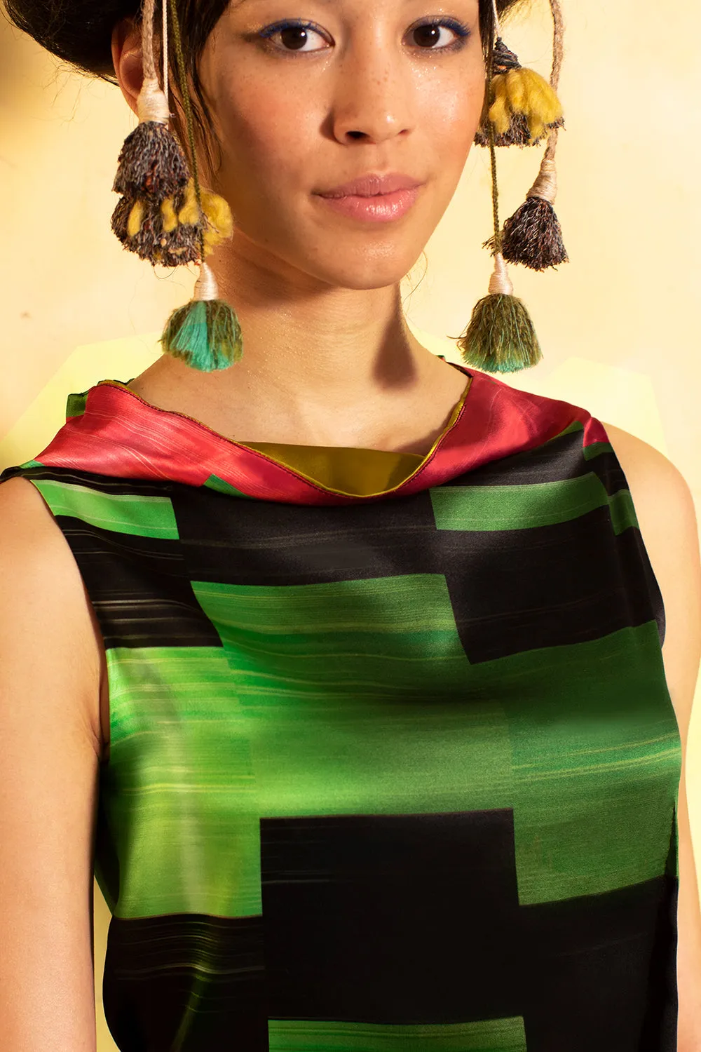 Spices Top - Green & Black Silk Print