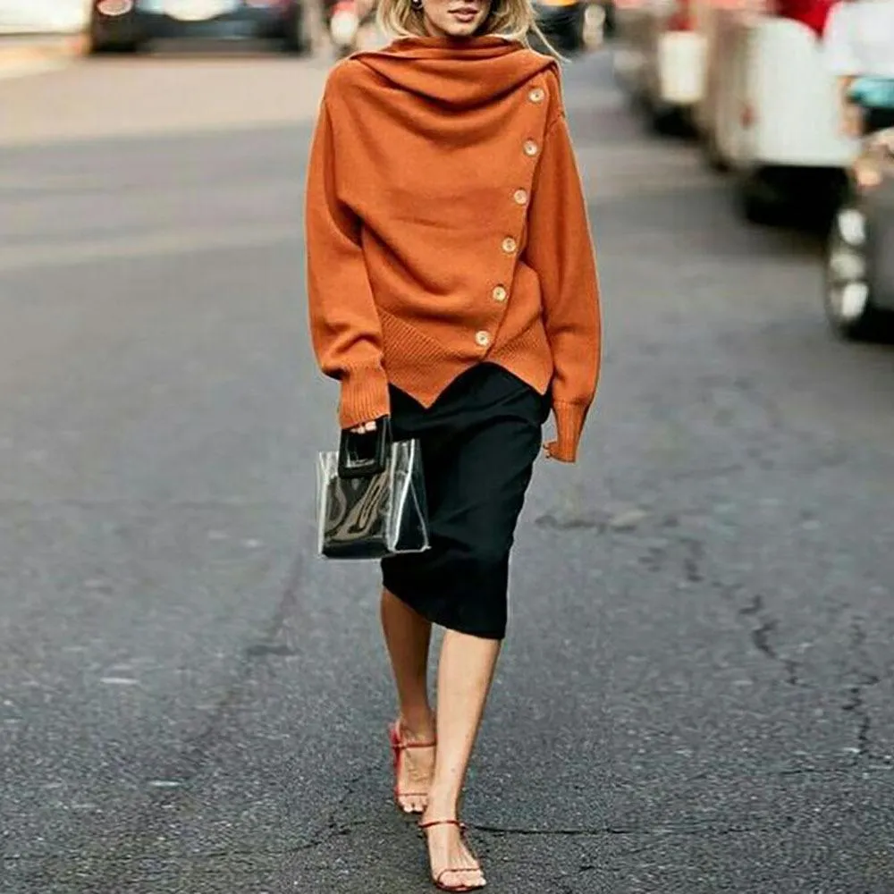 Street style fashion high neck single breasted solid color sweater