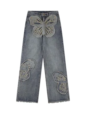 Thesupermade Appliqued Butterfly Embroidered Jeans