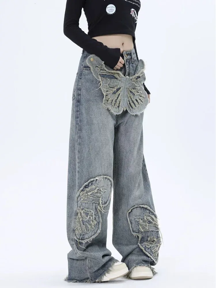 Thesupermade Appliqued Butterfly Embroidered Jeans