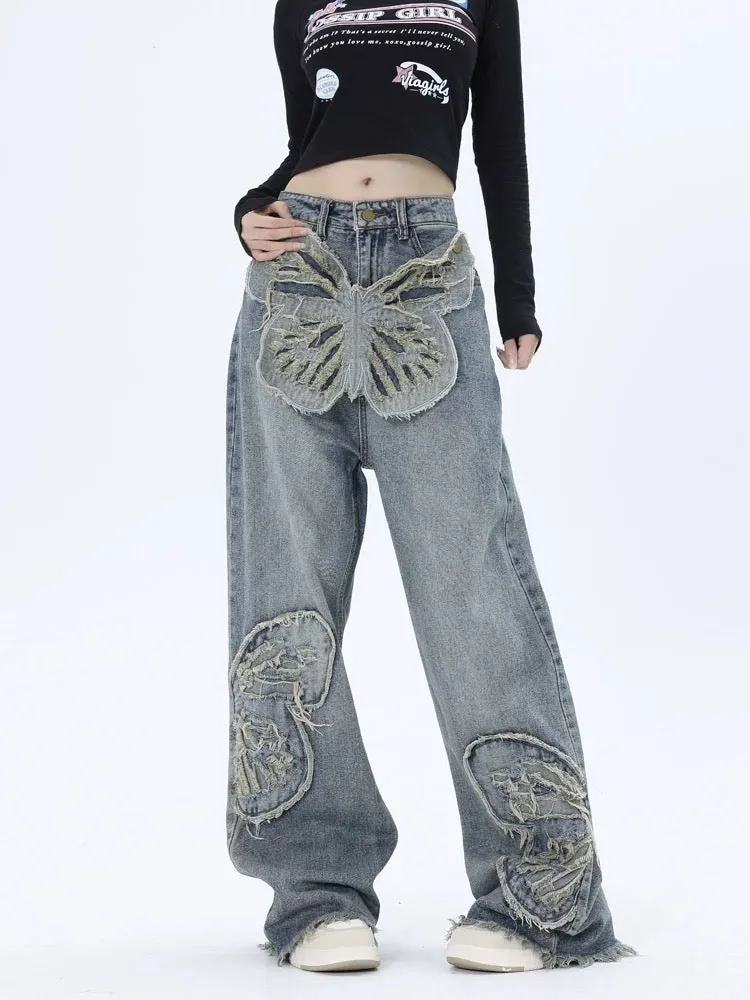 Thesupermade Appliqued Butterfly Embroidered Jeans