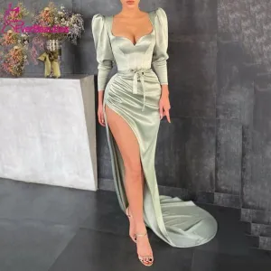 Vestidos Formales Mermaid Evening Dresses  Long Sleeves Evening Gown Satin Abiye Vestido De Festa Side Slit Robe De Soiree