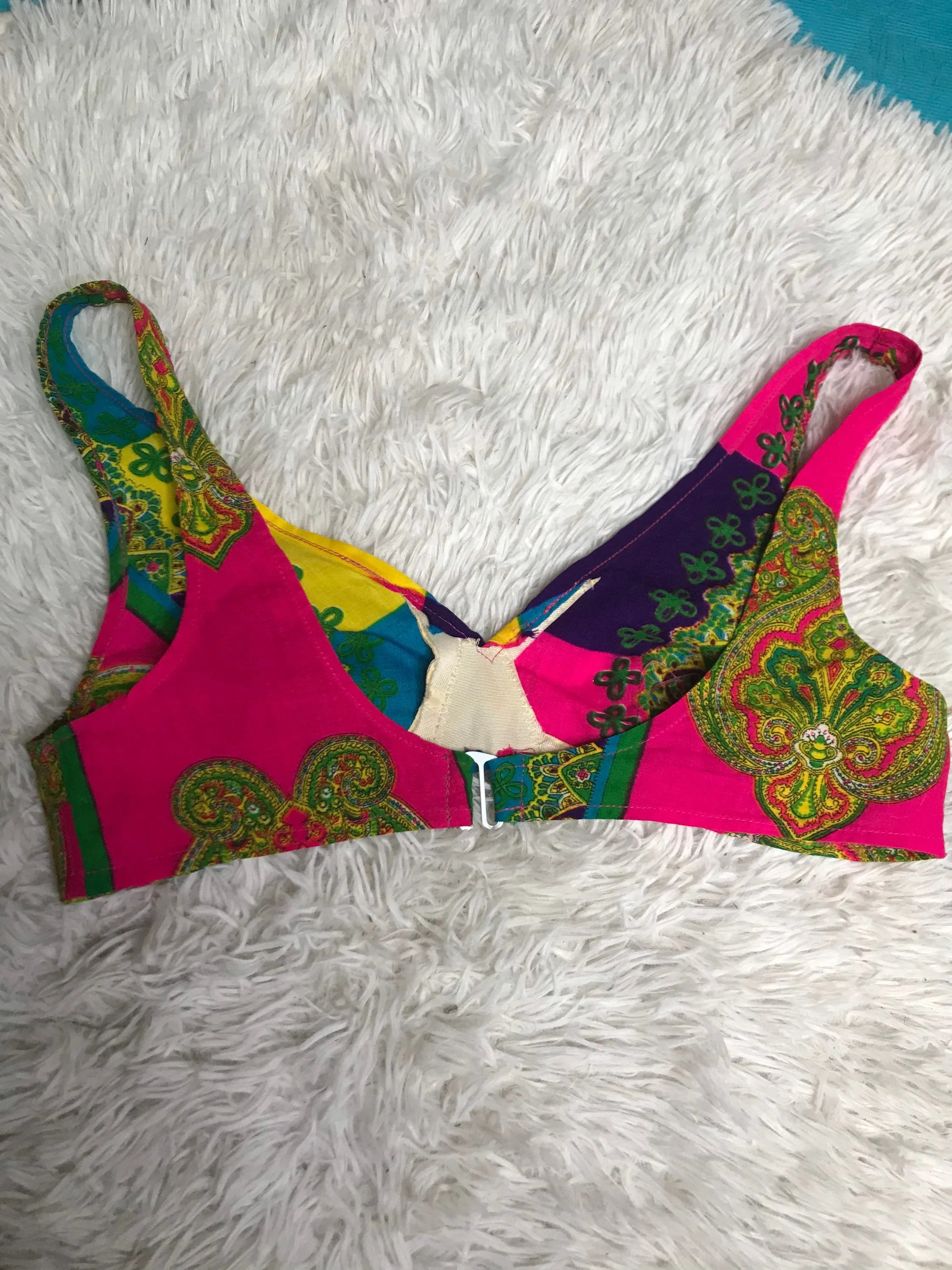 Vintage 1960s Bralette // 60s Bikini Top// Psycheldelic Summer of Love // Mod Paisley Pattern Cotton Bra // Coachella Style