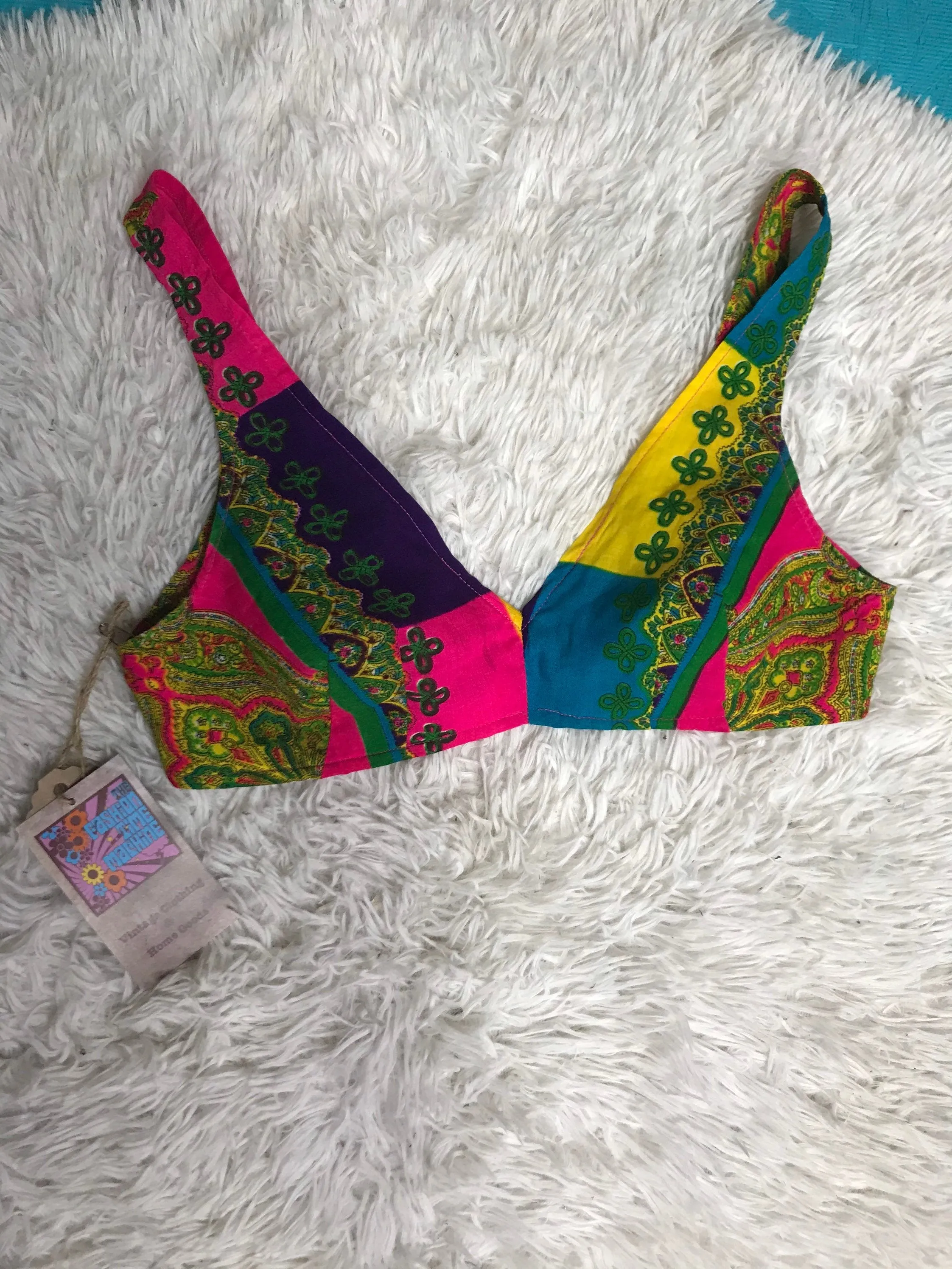 Vintage 1960s Bralette // 60s Bikini Top// Psycheldelic Summer of Love // Mod Paisley Pattern Cotton Bra // Coachella Style