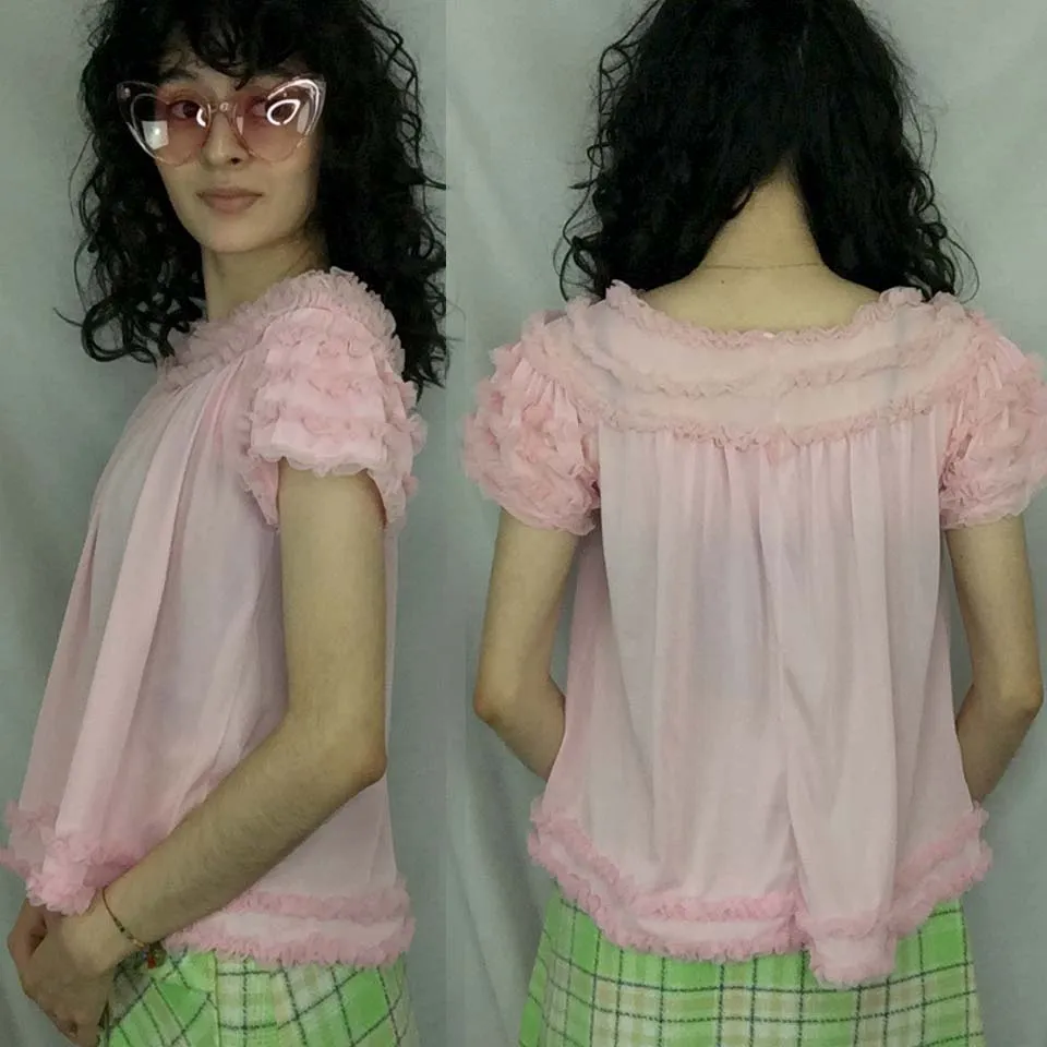 Vintage 50s 60s Pink Chiffon Babydoll Ruffle Nighty Top Lingerie Pinup Blouse SM