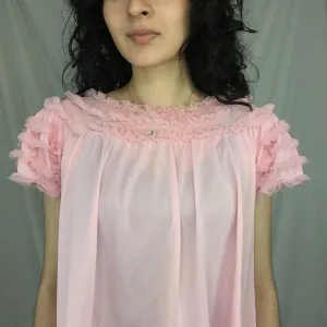 Vintage 50s 60s Pink Chiffon Babydoll Ruffle Nighty Top Lingerie Pinup Blouse SM