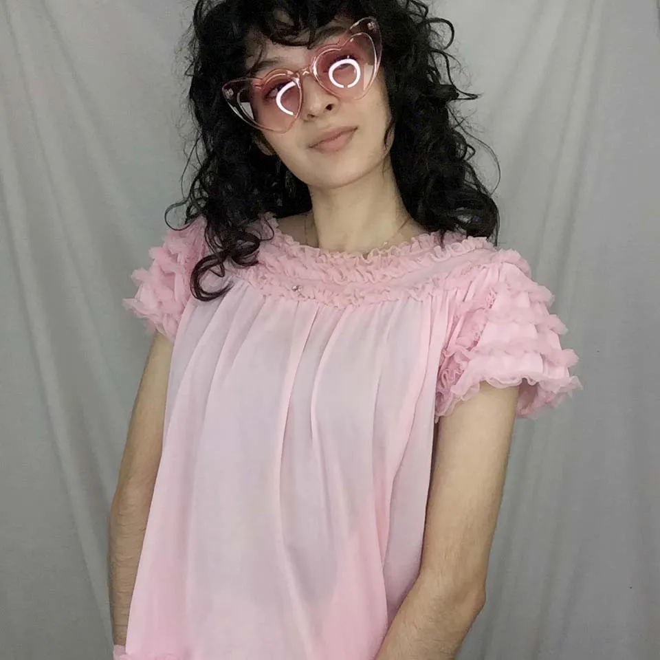 Vintage 50s 60s Pink Chiffon Babydoll Ruffle Nighty Top Lingerie Pinup Blouse SM