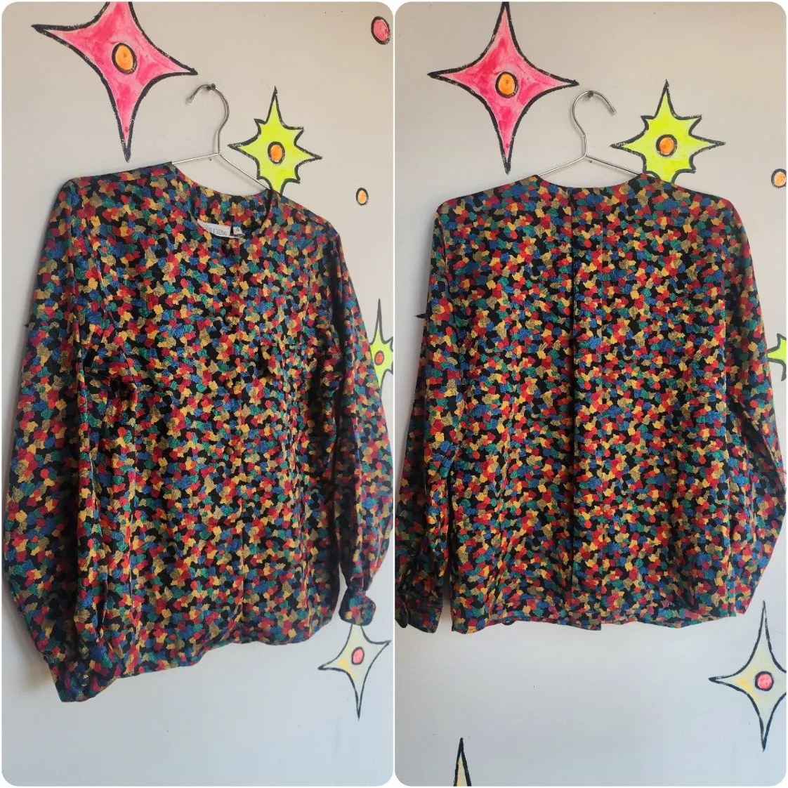 Vintage 80s 90s | Silky Abstract Art Retro Rainbow Secretary Shirt Blouse | M