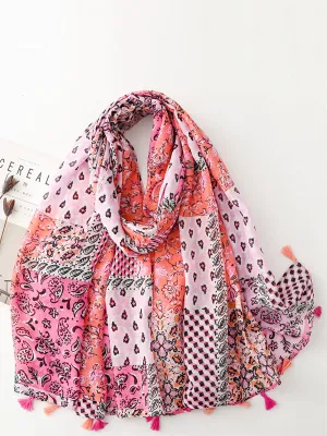 Women Summer Artsy Spliced Tassel Shawl Scarves