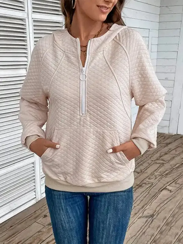 Women’s hooded long-sleeved solid color diamond check sweatshirt