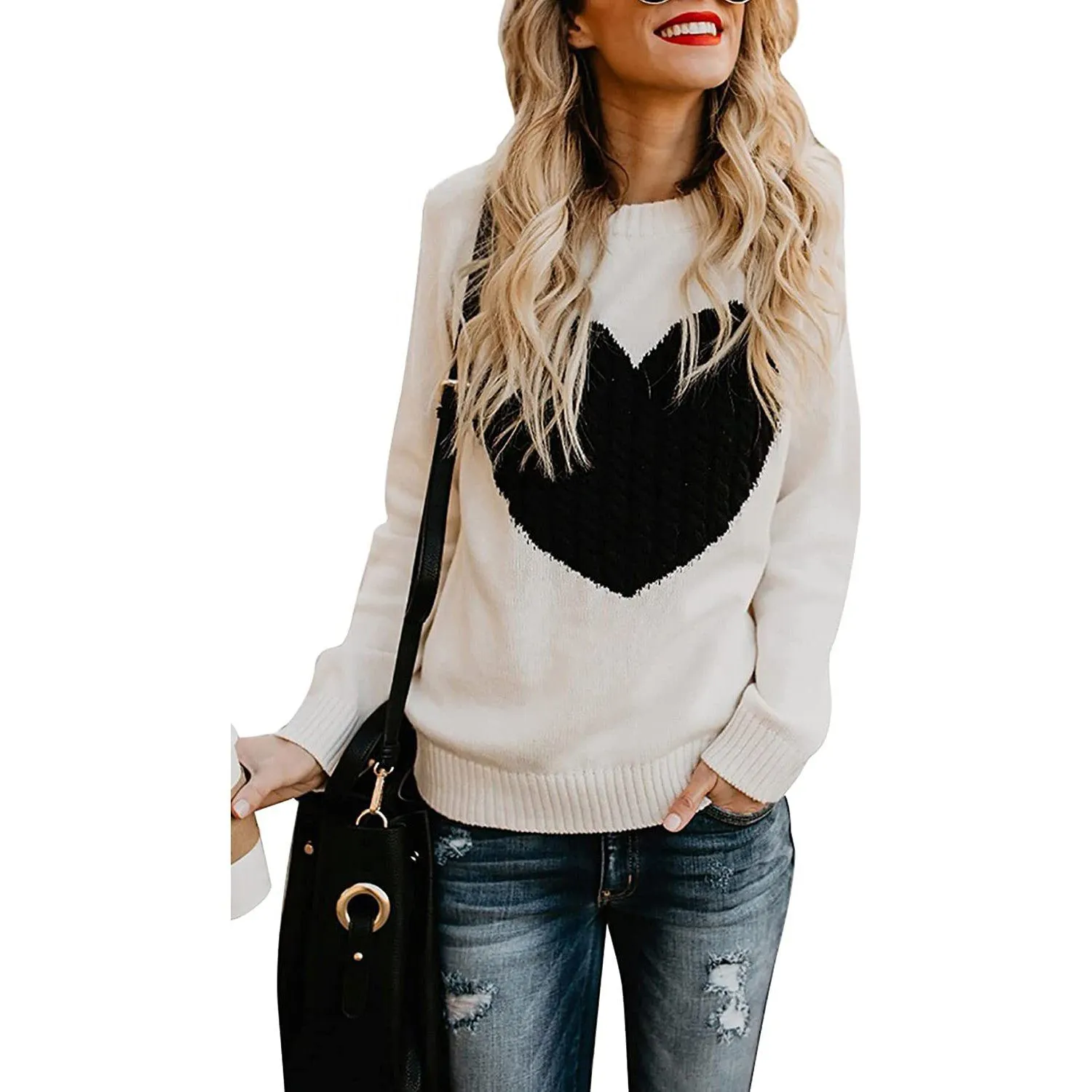 Women's Long Sleeve Crewneck Cute Heart Knitted Sweaters