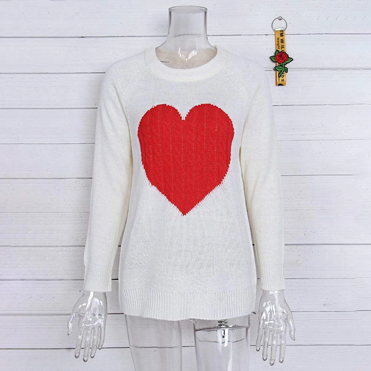 Women's Long Sleeve Crewneck Cute Heart Knitted Sweaters