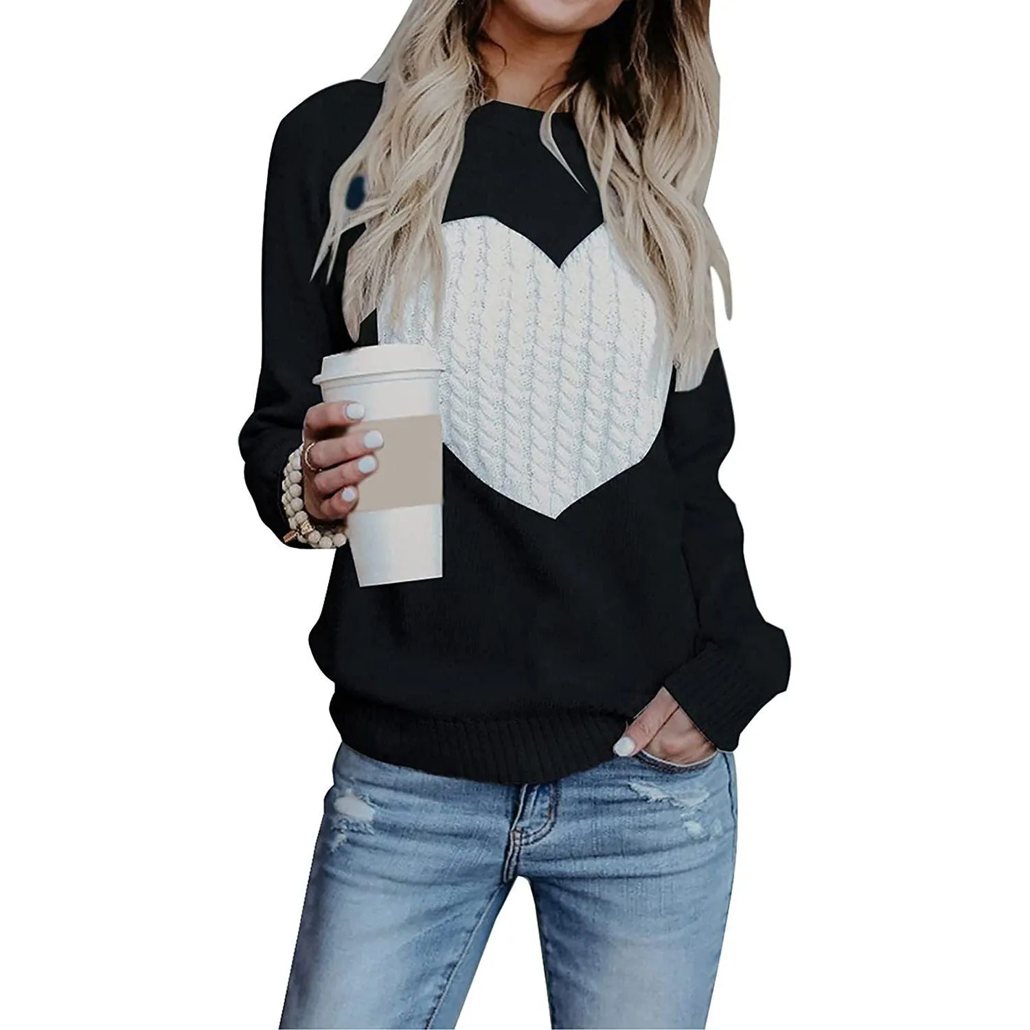 Women's Long Sleeve Crewneck Cute Heart Knitted Sweaters