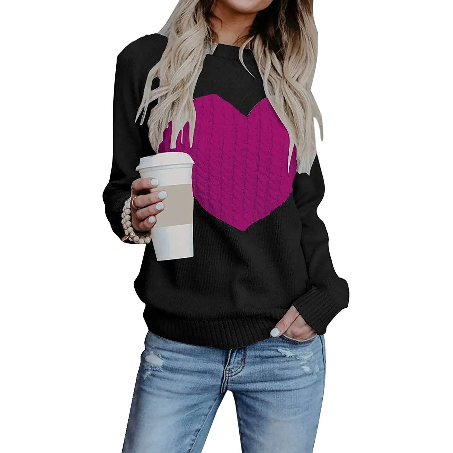 Women's Long Sleeve Crewneck Cute Heart Knitted Sweaters