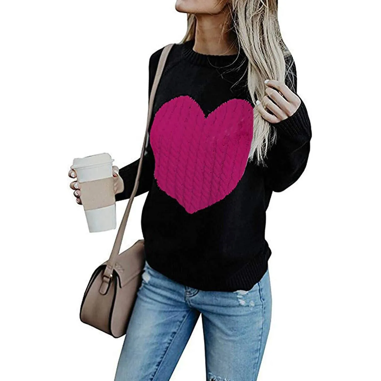 Women's Long Sleeve Crewneck Cute Heart Knitted Sweaters