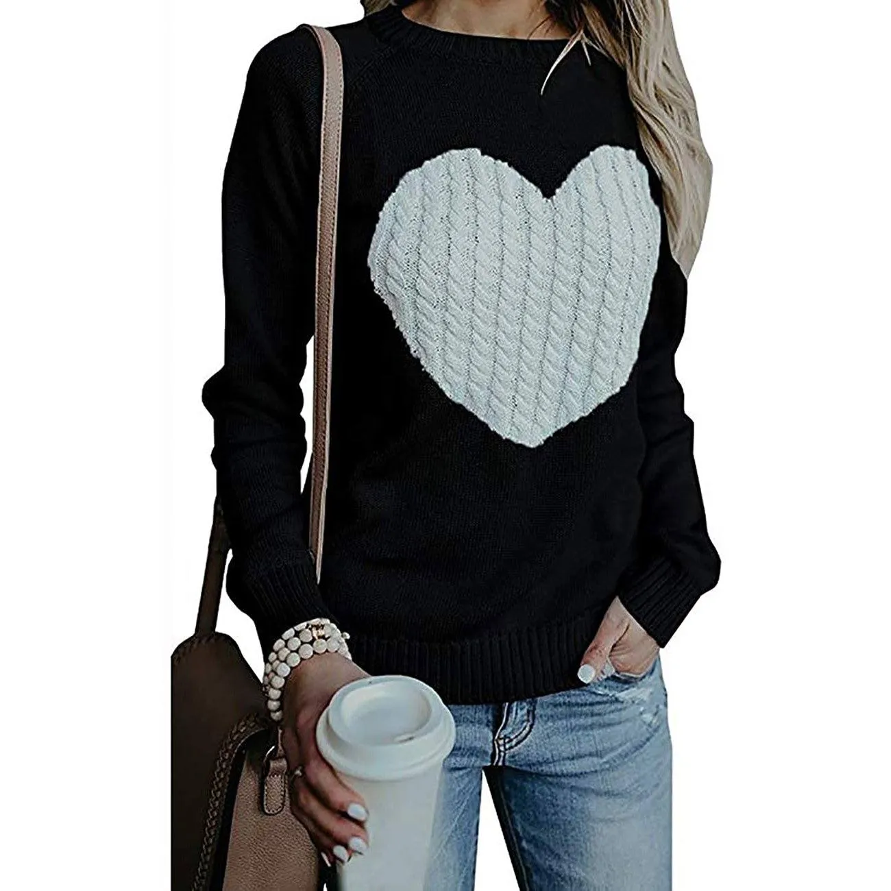 Women's Long Sleeve Crewneck Cute Heart Knitted Sweaters