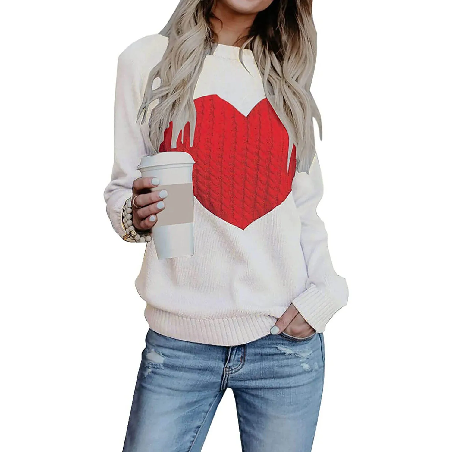 Women's Long Sleeve Crewneck Cute Heart Knitted Sweaters