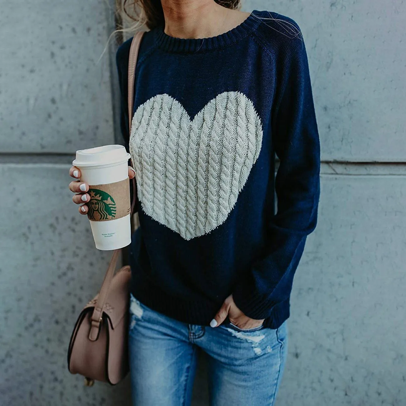 Women's Long Sleeve Crewneck Cute Heart Knitted Sweaters