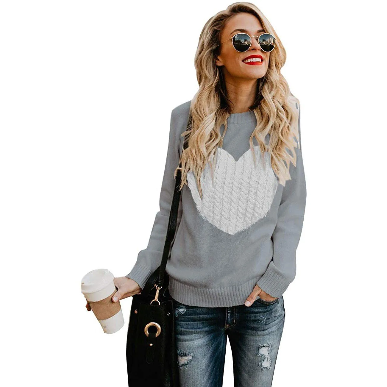 Women's Long Sleeve Crewneck Cute Heart Knitted Sweaters