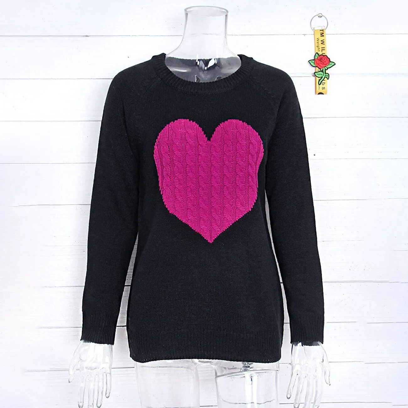 Women's Long Sleeve Crewneck Cute Heart Knitted Sweaters