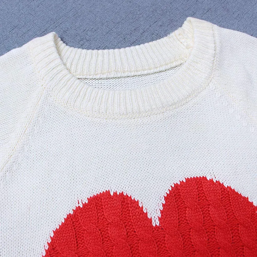 Women's Long Sleeve Crewneck Cute Heart Knitted Sweaters