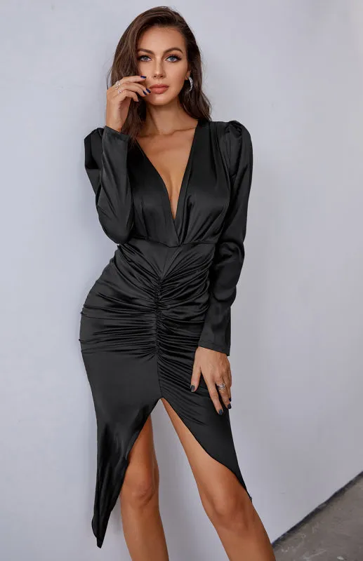 Women's Sexy Deep V-Neck Satin Long Sleeve Split Dress