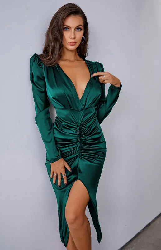 Women's Sexy Deep V-Neck Satin Long Sleeve Split Dress